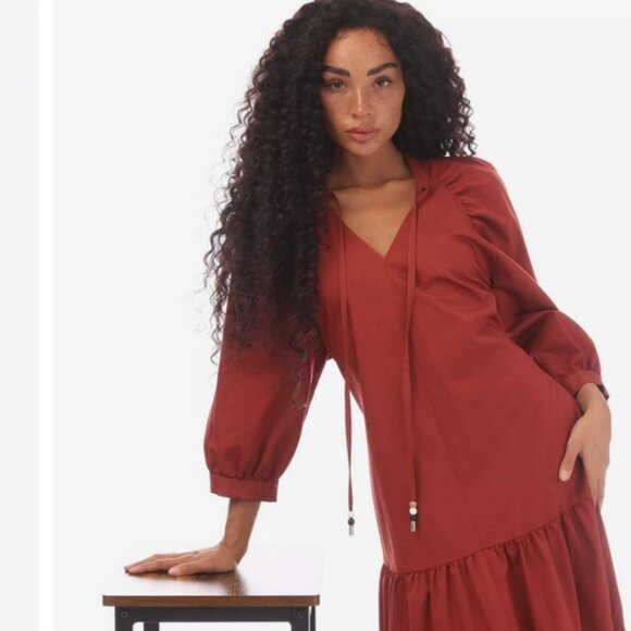 BOSS by Hugo Boss Depera Poplin Tiered Midi-Maxi Dress in Burnt Sienna - Fall! 4 - Picture 10 of 16